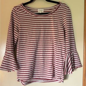 Anthropologie Deletta Size Medium Striped Bell Sleeve Top Deep Red and Cream